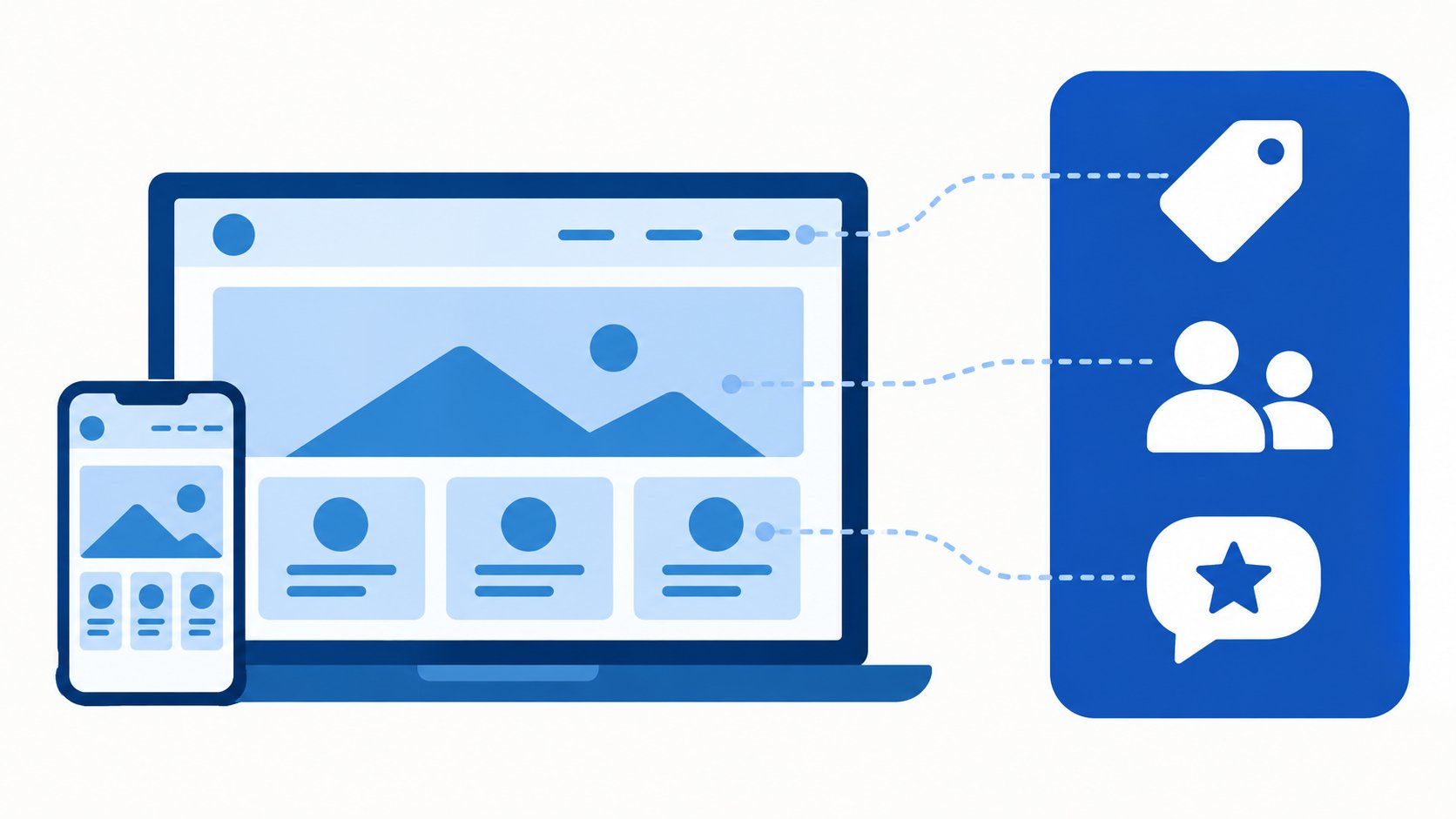 A business website on a laptop and a phone, filled from the prices, team and reviews in the Bizstim account